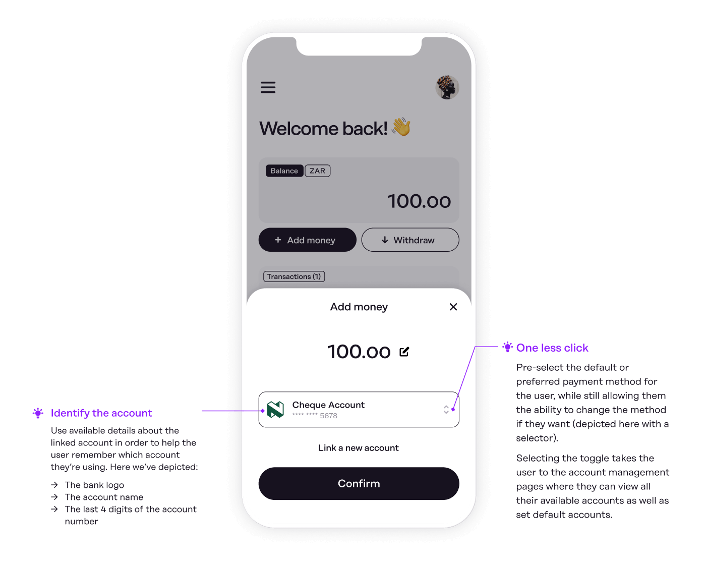 Payment methods screen featuring Linkpay returning user